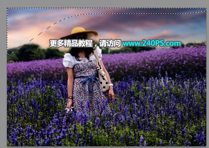 ps把白天花叢中穿連衣裙戴草帽的美女圖片調出好看的霞光效果教程