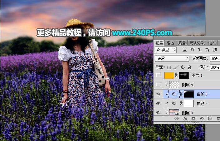 ps把白天花叢中穿連衣裙戴草帽的美女圖片調出好看的霞光效果教程