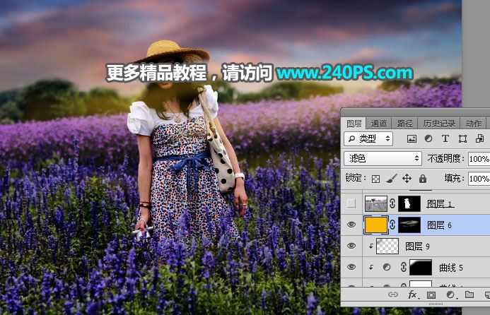 ps把白天花叢中穿連衣裙戴草帽的美女圖片調(diào)出好看的霞光效果教程