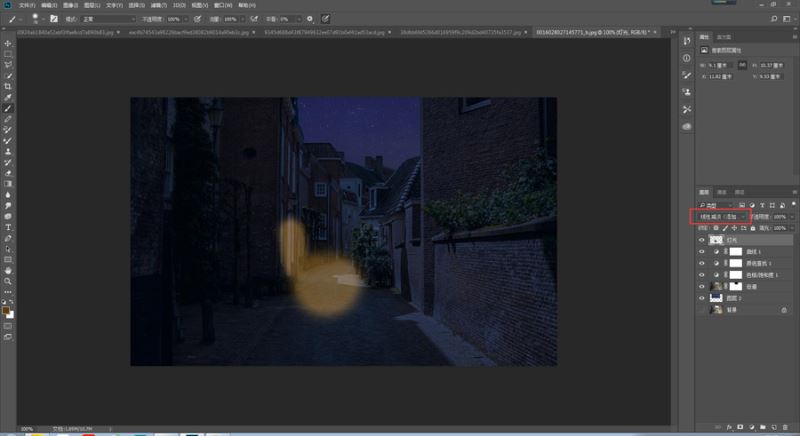 4,新建一个空白图层,命名灯光;前景色选择一个较暗的黄色,在街道上画