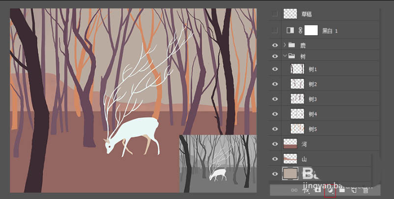 ps怎么手繪夢幻的森林小鹿飲水的插畫?