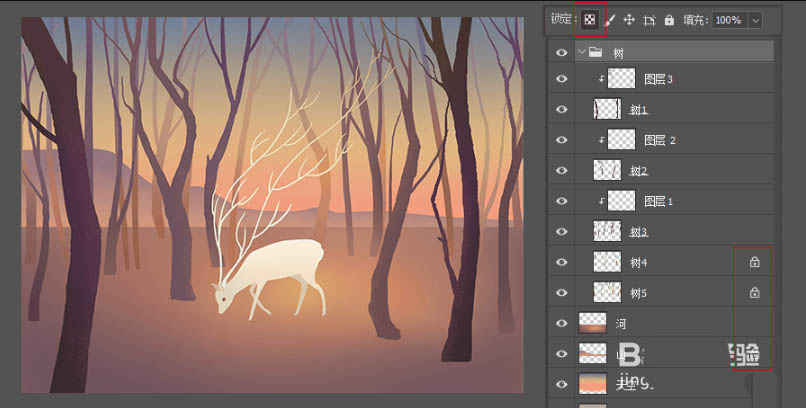 ps怎么手繪夢幻的森林小鹿飲水的插畫?