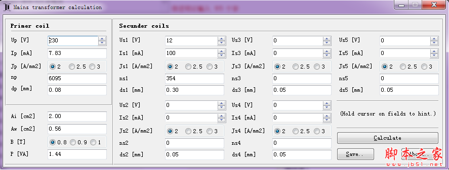 Mains transformer calculation(电力变压计算工具) V1.1 免费绿色版