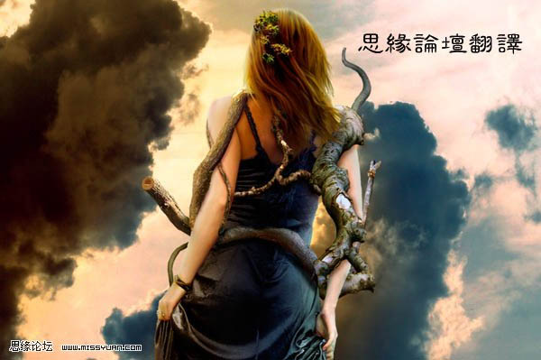 13,最后一步,用加深工具给树根制作阴影:如图,在靠人物左臂和树根底部