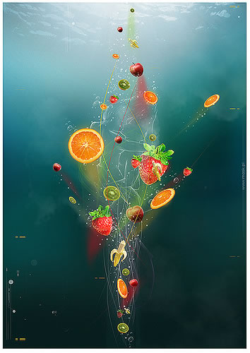 photoshop 水底聚会的水果海报”