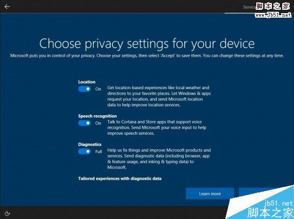 win10 Build 15019隐私设置中取消Enhanced级别