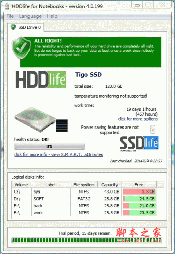 HDDlife Pro for Notebooks(笔记本硬盘监控工具)  v4.0.200 英文安装特别版