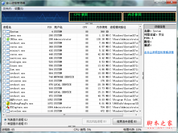 金山进程管理器 v1.0 绿色免费版