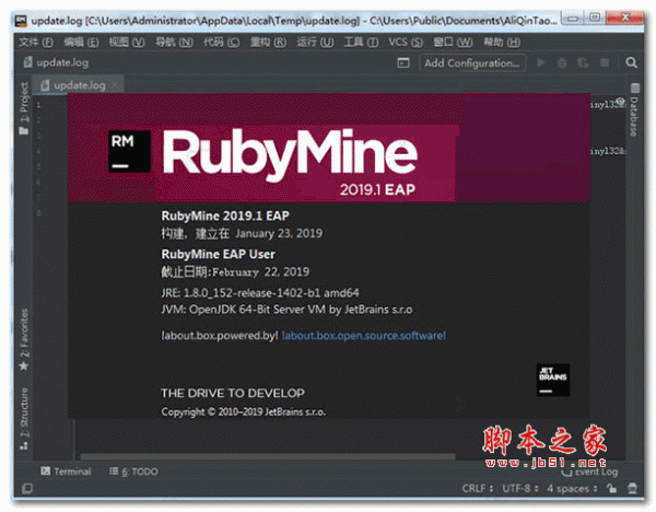 JetBrains RubyMine v2019.1.1 绿色汉化激活版(附汉化文件+补丁)