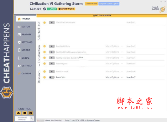 文明6十九项修改器(快速建造/无限移动/属性修改) v1.0 Cheat Happens版
