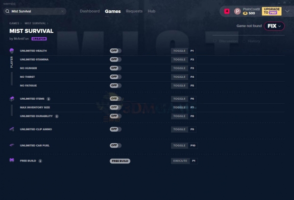 迷雾生存十一项修改器(无限生命/体力/免费建造) v2020.08.05 MrAntiFun版 