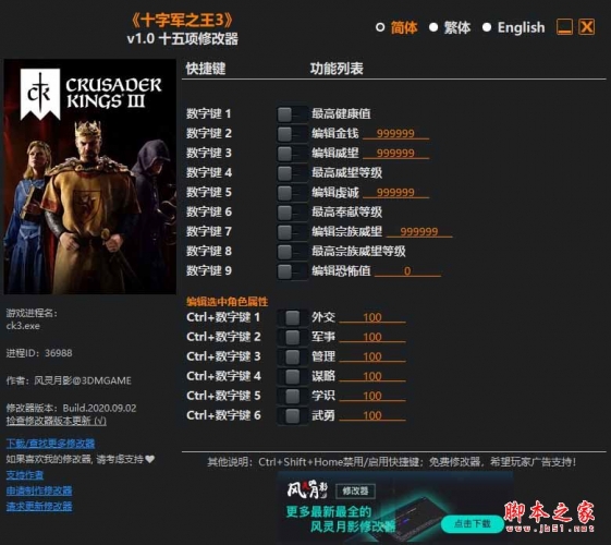 十字军之王3十五项修改器(编辑角色属性/最高奉献等级) v1.0 风灵月影版