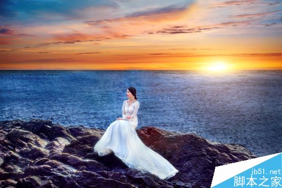Photoshop打造夕阳美景的海边新娘照片”