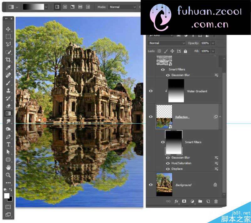 Photoshop给外景建筑照片添加唯美的水中倒影效果