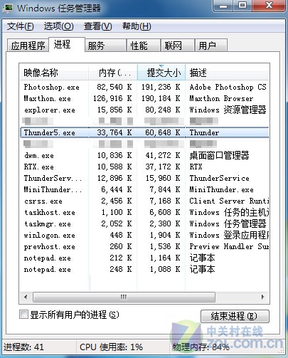 Windows7中直接查看软件所耗虚拟内存