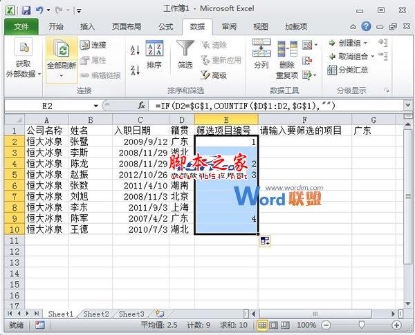 Excel2010中自定义进行筛选并依次编号