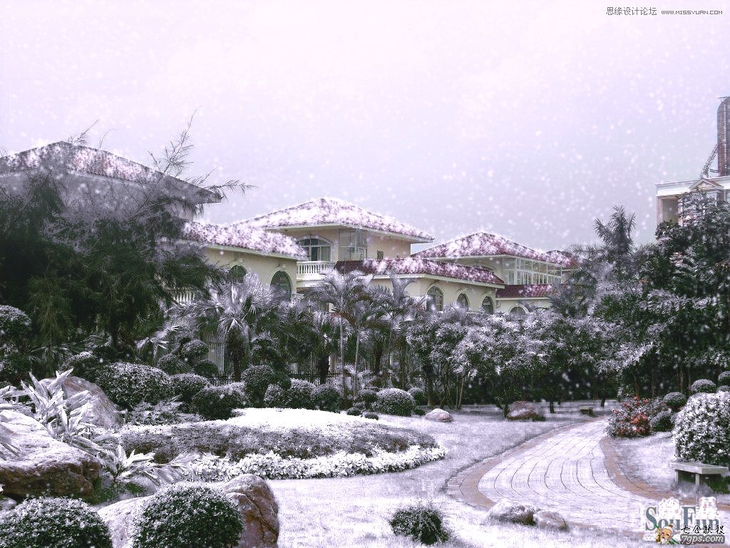 Photosho将春季照片调成大雪纷飞的冬天效果