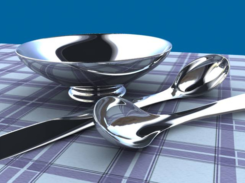 3DMAX7 VRAY渲染不锈钢金属勺和碗”