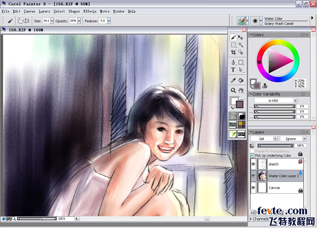 painter water color（水彩）绘制朦胧女孩 脚本之家 painter教程