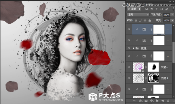 Photoshop合成玫瑰纷飞的美女人像插画教程
