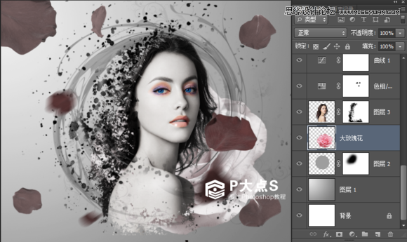 Photoshop合成玫瑰纷飞的美女人像插画教程