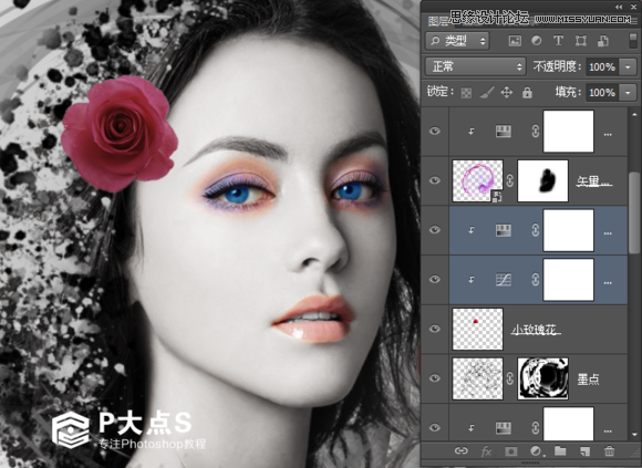 Photoshop合成玫瑰纷飞的美女人像插画教程