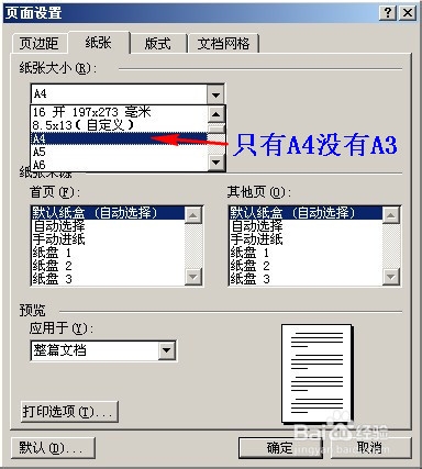 word页面设置里没有A3纸格式怎么办