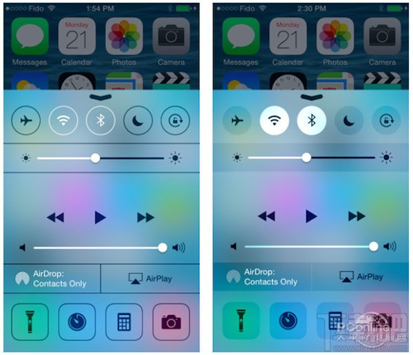 右为iOS8截图，可以看到Flyme 4.0的快捷