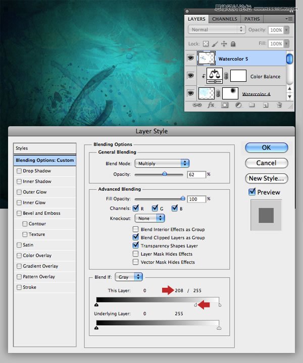 Photoshop合成从水花中冲出抱着滑板的海边美女