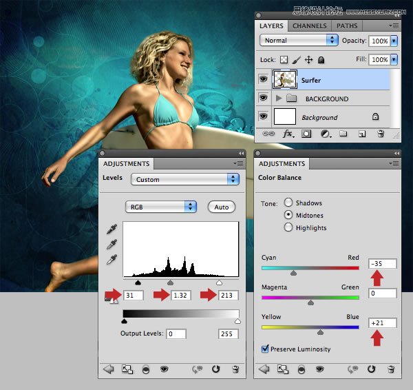 Photoshop合成从水花中冲出抱着滑板的海边美女
