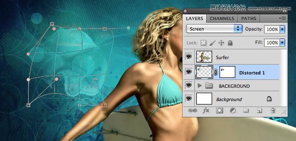 Photoshop合成从水花中冲出抱着滑板的海边美女