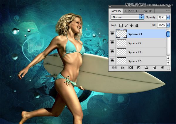 Photoshop合成从水花中冲出抱着滑板的海边美女
