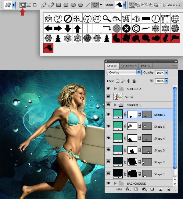 Photoshop合成从水花中冲出抱着滑板的海边美女