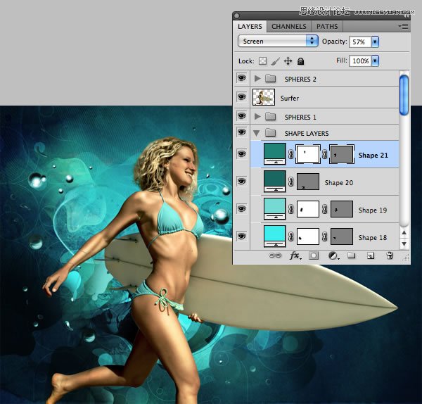 Photoshop合成从水花中冲出抱着滑板的海边美女