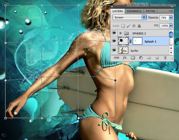 Photoshop合成从水花中冲出抱着滑板的海边美女