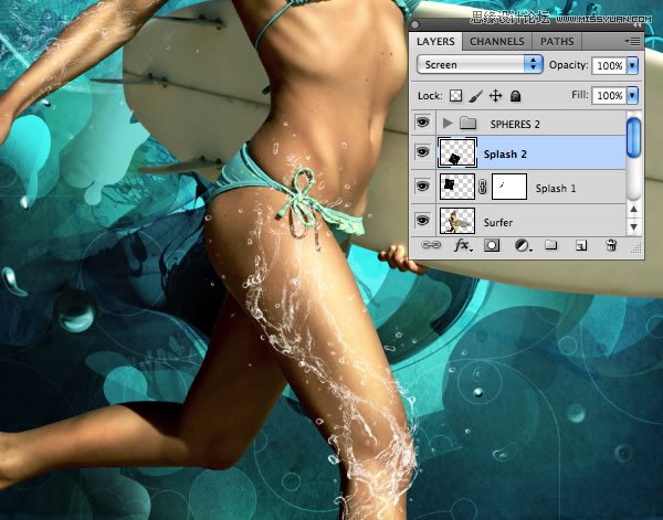 Photoshop合成从水花中冲出抱着滑板的海边美女