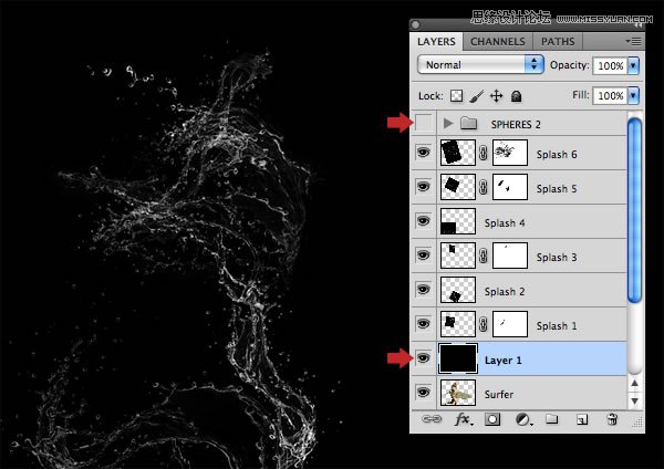 Photoshop合成从水花中冲出抱着滑板的海边美女