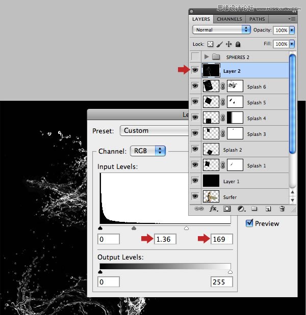 Photoshop合成从水花中冲出抱着滑板的海边美女