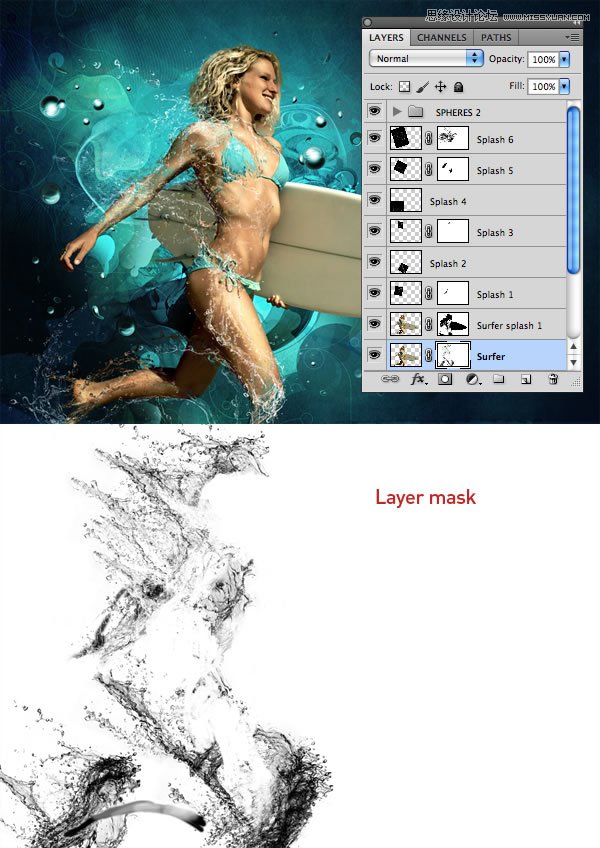 Photoshop合成从水花中冲出抱着滑板的海边美女