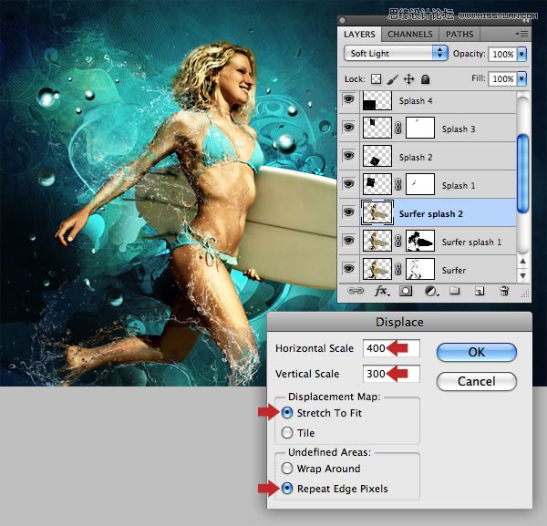 Photoshop合成从水花中冲出抱着滑板的海边美女