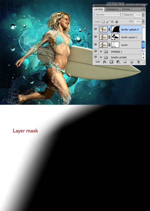 Photoshop合成从水花中冲出抱着滑板的海边美女
