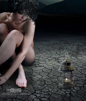 PS合成深夜里坐在干枯荒地里的裸体独思女孩照片