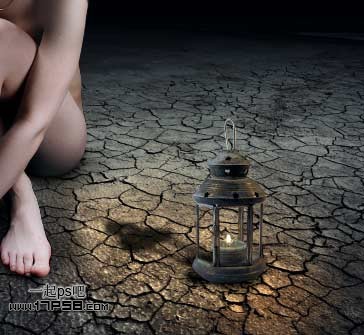 PS合成深夜里坐在干枯荒地里的裸体独思女孩照片