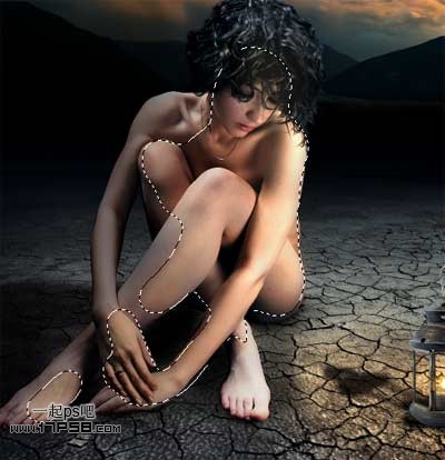 PS合成深夜里坐在干枯荒地里的裸体独思女孩照片