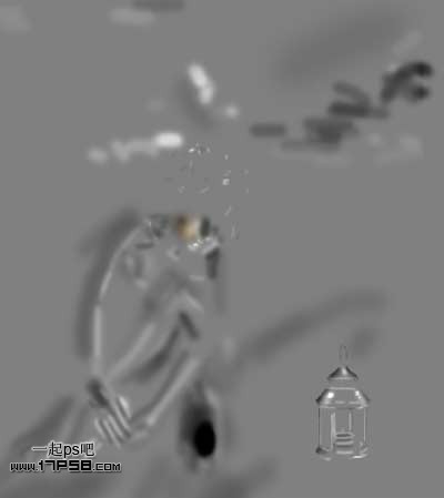 PS合成深夜里坐在干枯荒地里的裸体独思女孩照片