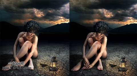 PS合成深夜里坐在干枯荒地里的裸体独思女孩照片