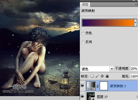 PS合成深夜里坐在干枯荒地里的裸体独思女孩照片