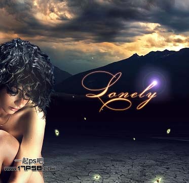 PS合成深夜里坐在干枯荒地里的裸体独思女孩照片