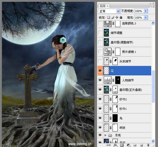 PS合成黑夜中在墓地里哭泣的静坐美女