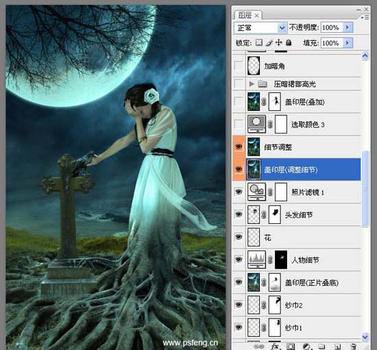 PS合成黑夜中在墓地里哭泣的静坐美女